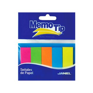 Banderitas Adhesivas 1.5 x 5 cm Colores Neón Marca Memo Tip - Paquete con 5 Bloques de 50 Banderitas c/u