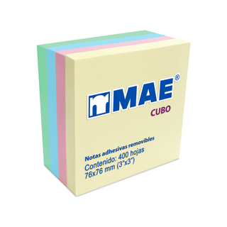 Block de Notas Adhesivas 3" x 3" Colores Pastel Marca Mae - 1 Block con 400 Hojas
