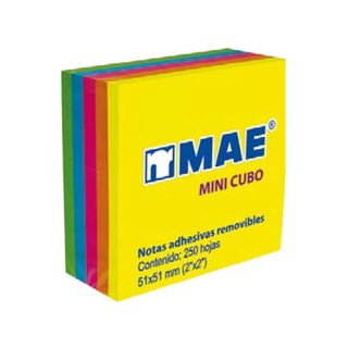 Block de Notas Adhesivas Mini Cubo 2" x 2" Colores Neón Marca Mae - 1 Block con 250 Hojas