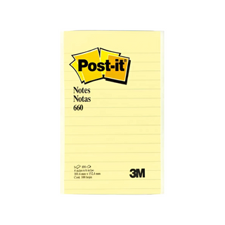 Block de Notas Adhesivas Rayadas 4" x 6" Color Amarillo Marca Post-It - 1 Block con 100 Hojas