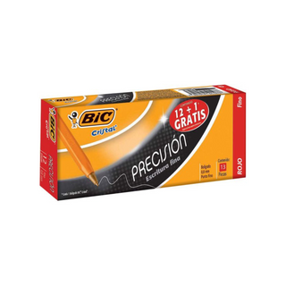 Bolígrafo Punto Fino 0.8mm Precisión Barril Amarillo Tinta Rojo Marca Bic - 1 Caja Con 12 Piezas