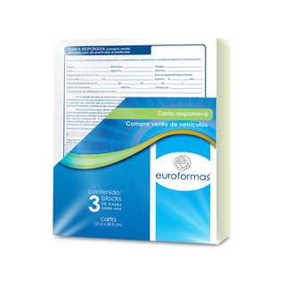 Carta Responsiva de Automóvil Tamaño Carta Marca Euroformas - Paquete con 3 Blocks de 25 Hojas c/u