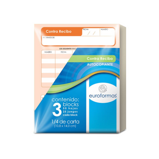 Contra Recibo Auto Copiante Tamaño un Cuarto de Carta Marca Euroformas - Paquete con 3 Blocks de 25 Hojas c/u