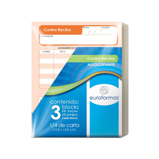 Contra Recibo Tamaño un Cuarto de Carta Marca Euroformas - Paquete con 3 Blocks de 25 Hojas c/u