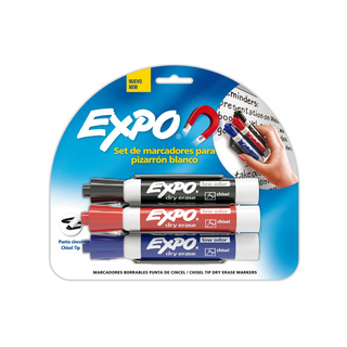 Marcador para Pizarrón Blanco de Punta Cincel con Clip Magnético Marca Expo - 1 Paquete Con 3 Piezas