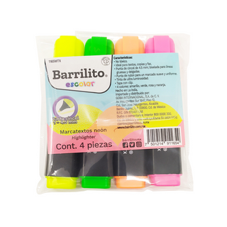 Marcatextos Colores Neón Marca Barrilito - 1 Paquete de 4 Piezas