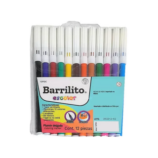 Plumón Delgado para Colorear Marca Barrilito - 1 Paquete de 12 Piezas