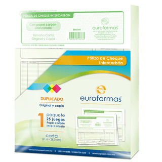 Póliza de Cheques Tamaño Carta Marca Euroformas - Paquete con 3 Blocks de 25 Hojas c/u