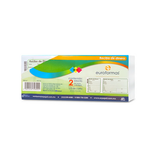 Recibo de Dinero 21.6 X 9.3 cm Marca Euroformas - 2 Blocks con 50 Hojas
