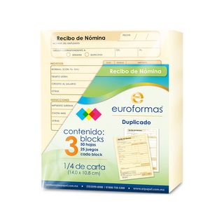 Recibo de Nómina Tamaño un Cuarto de Carta Marca Euroformas - Paquete con 3 Blocks de 25 Hojas c/u