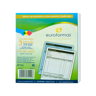Remisión Auto Copiante Marca Euroformas - Paquete con 3 Blocks de 22 Hojas c/u