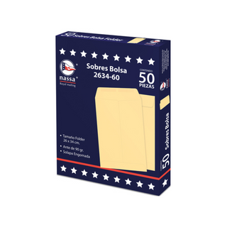 Sobre Tamaño Folder Color Ante Con Solapa Engomada Marca Nassa - 1 Caja Con 50 Piezas