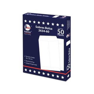 Sobre Tamaño Folder Color Blanco Con Solapa Engomada Marca Nassa - 1 Caja Con 50 Piezas