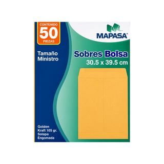 Sobre Tamaño Ministro Color Ante Con Solapa Engomada Marca Mapasa - 1 Caja Con 50 Piezas