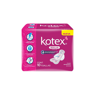 Toallas Sanitarias Flujo Moderado Con Alas Marca Kotex - 1 Paquete con 10 Piezas