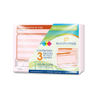 Vale Provisional de Caja Tamaño un Cuarto de Carta Marca Euroformas - Paquete con 3 Blocks de 50 Hojas c/u